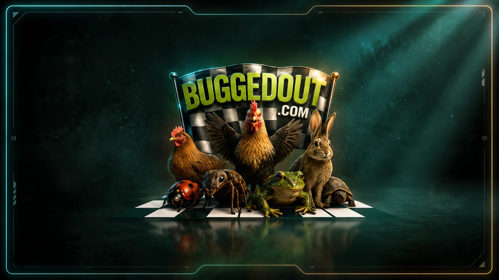 BuggedOut animal lineup at the checkered start